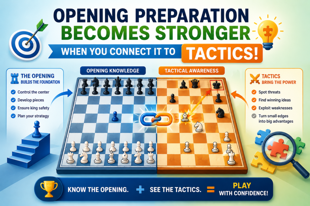 A good opening does more than help you place your pieces. It also creates chances for tactics. A tactic is a move or short plan that wins something by force. It may win a piece, create checkmate, trap a queen, or break the defense around the king.