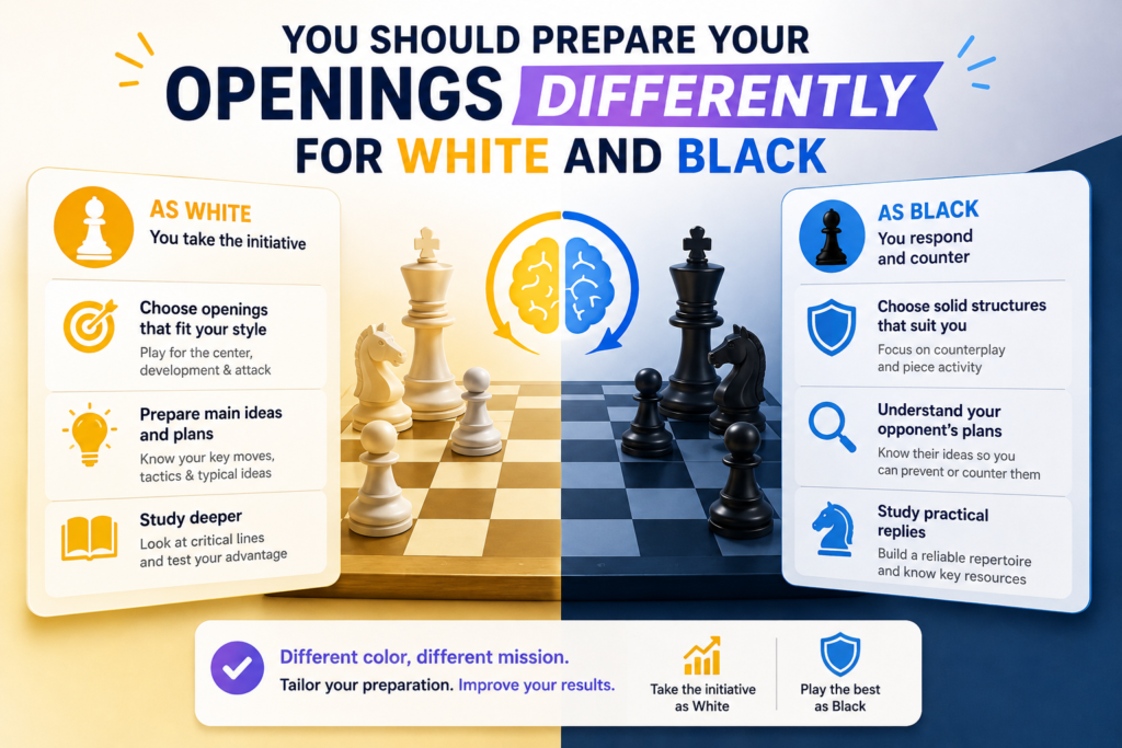 Playing White and playing Black are not the same. White moves first, so White often gets the first chance to choose the direction of the game. Black moves second, so Black must be ready to answer White’s plan. This does not mean Black is worse. It only means Black needs a clear way to fight back.
