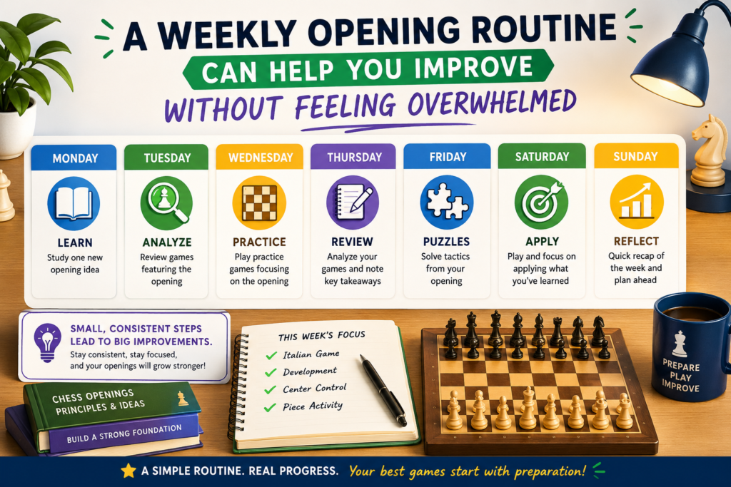 Opening preparation can feel big if you try to learn everything at once. There are many openings, many lines, many traps, and many plans. But you do not need to learn all of chess in one week. You need a steady routine that helps you improve bit by bit.