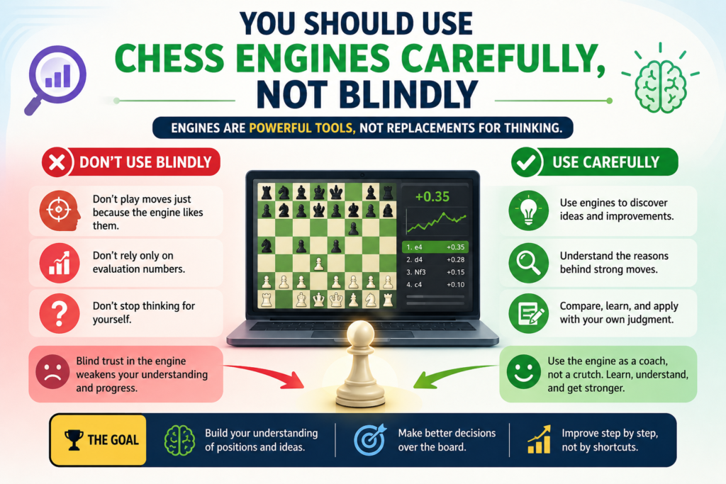 Chess engines are very strong. They can show the best moves, point out mistakes, and help players review games. But for young students, engines can also be confusing. An engine may suggest a move that is correct but hard to understand. If the student only copies it, real learning may not happen.