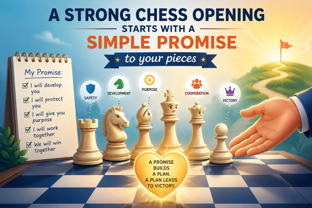 A good chess opening is not magic. It is a promise. You are telling your pieces, “I will help you get to good squares, I will keep the king safe, and I will fight for the center.” When a child understands this, the opening becomes less about fear and more about smart choices.