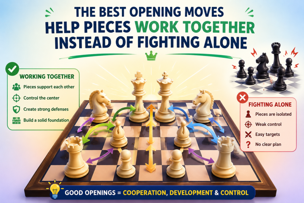 A strong chess opening is not about making one piece look good. It is about helping all your pieces work as a team. A knight, bishop, rook, queen, and pawn may each have a different job, but they become much stronger when they support one another.