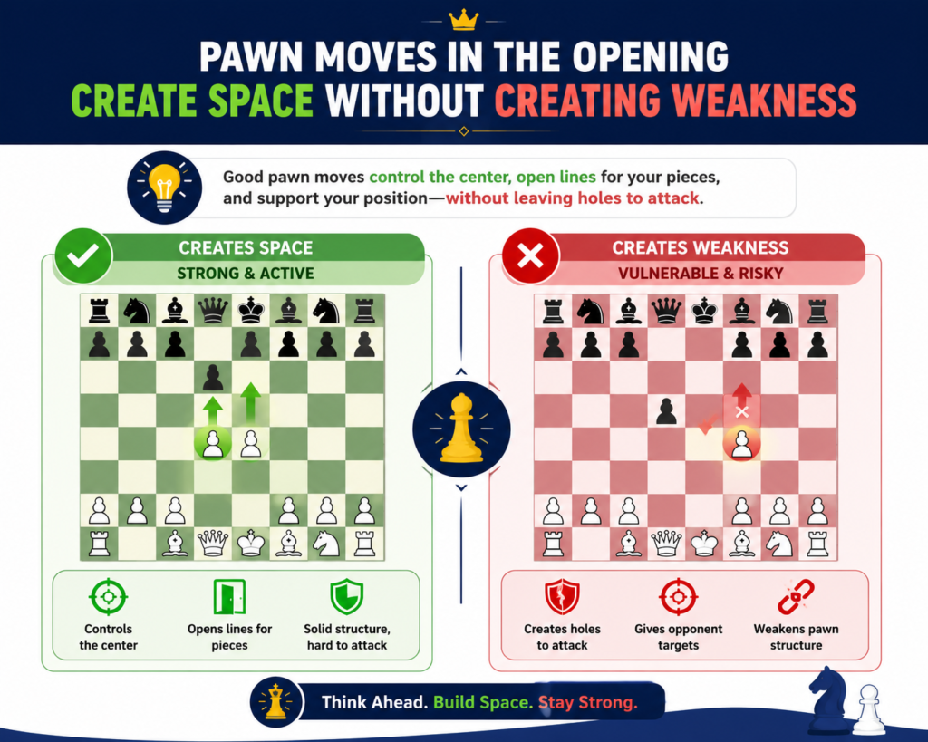 Pawns are small, but they shape the whole game. In the opening, pawn moves decide where pieces can go, which lines may open, and where the king may be safe. This is why pawns should be moved with care.