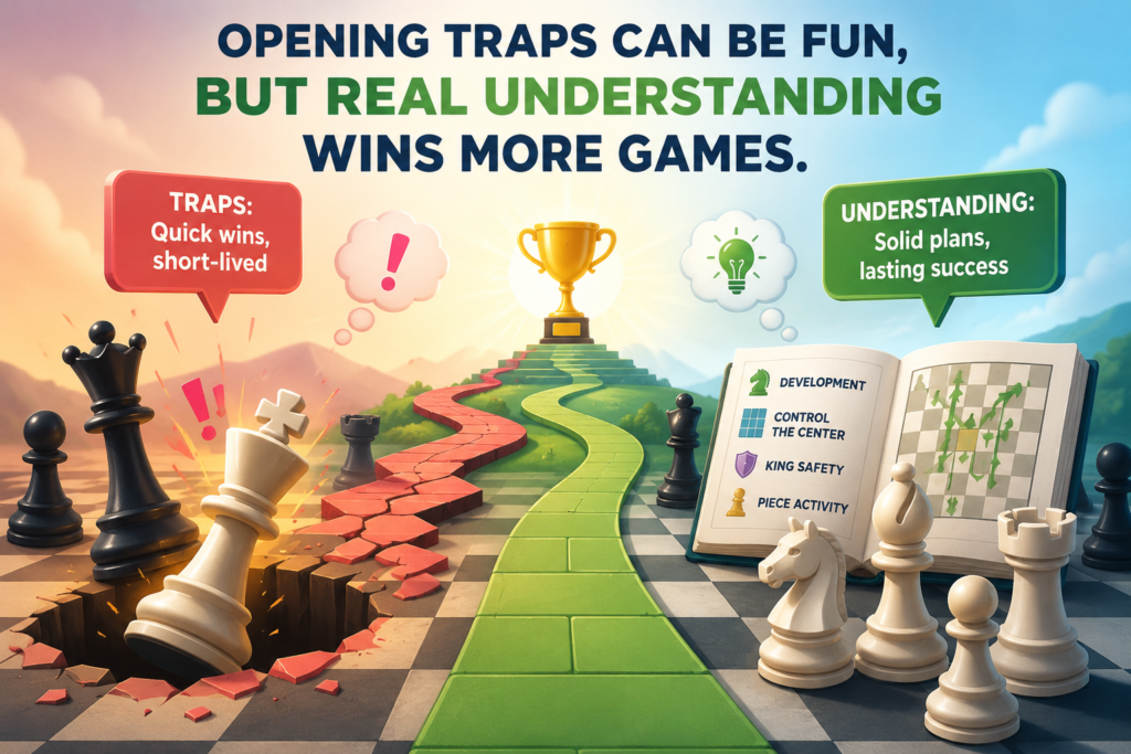 Opening traps are exciting. Every young player loves a quick win. It feels great to catch the other player and end the game fast. But there is a danger. If a child only learns traps, they may become weak when the trap does not work.