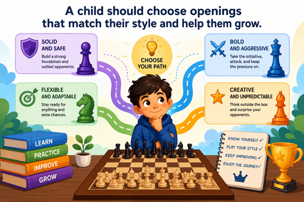 Not every opening is right for every child at every stage. Some openings are sharp and full of tactics. Some are calm and teach structure. Some lead to open games. Some lead to closed positions. A good opening choice should help the child learn, not confuse them.