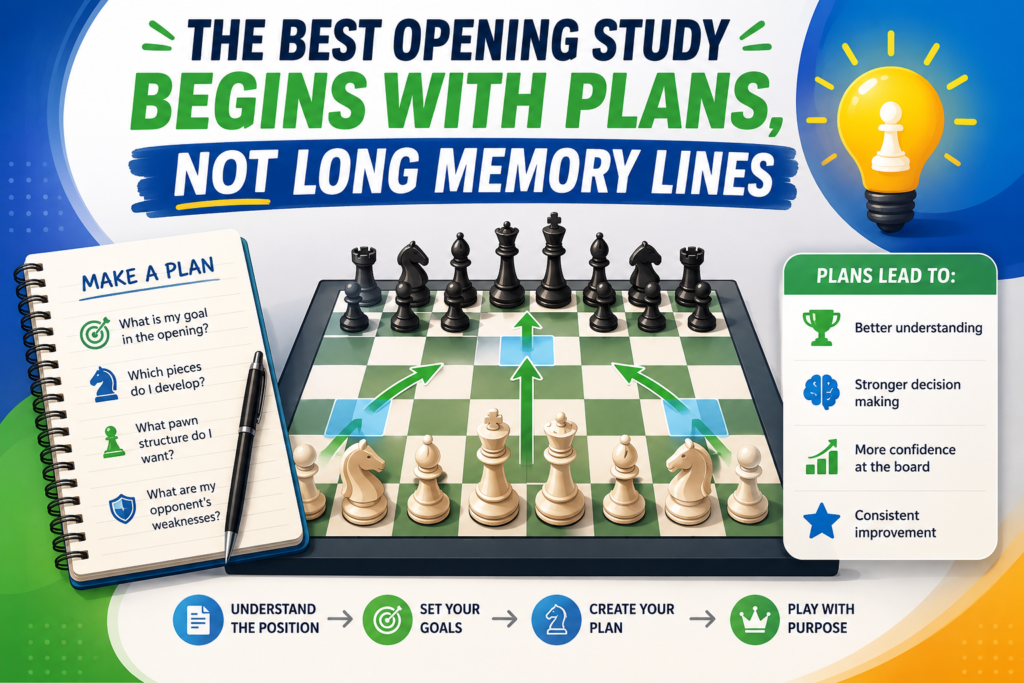 A strong chess player does not sit at the board and hope to remember everything. That is not real strength. Real strength is knowing what kind of position you want and how your pieces can help you reach it. This is why opening study should begin with plans, not long memory lines.