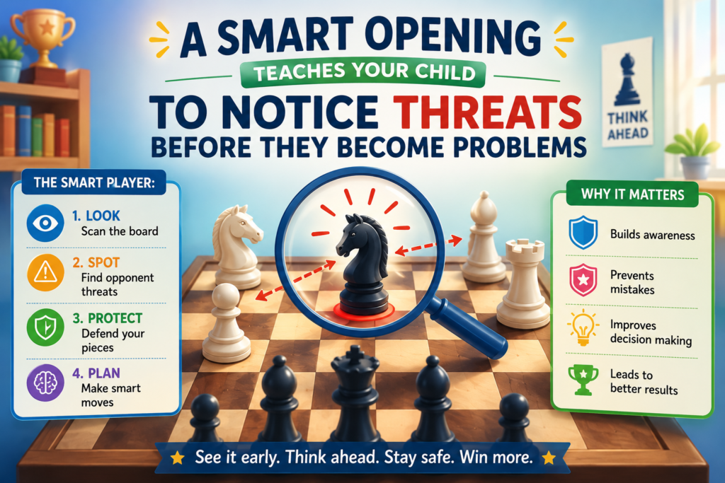 A chess opening is not only about your own plan. It is also about seeing what the other player wants. This is one of the most important skills a child can build in chess. Many games are lost because a player is so focused on their own idea that they miss a simple threat.
