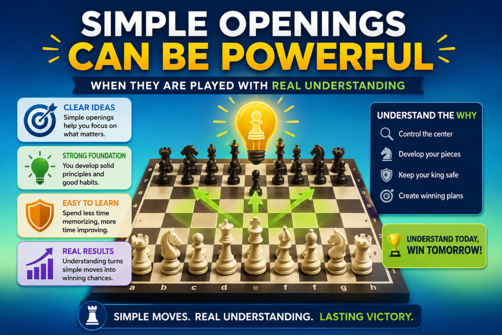 In fact, many children improve faster when they begin with clear openings. These openings teach the main habits of good chess. They teach center control, fast development, king safety, and active pieces. These lessons are more important than memorizing a sharp line that the child does not understand.