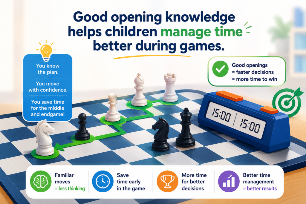 Time pressure is one of the biggest challenges in chess. Many children use too much time in the opening because they are unsure what to do. Others move too fast because they think they know the opening, but they miss a threat. Both problems can hurt the game.