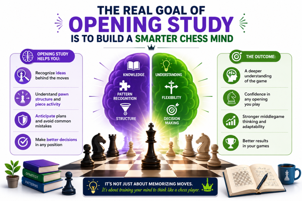 The real goal of studying openings is not to sound impressive. It is not to memorize names. It is not to win only with traps. The real goal is to build a smarter chess mind.