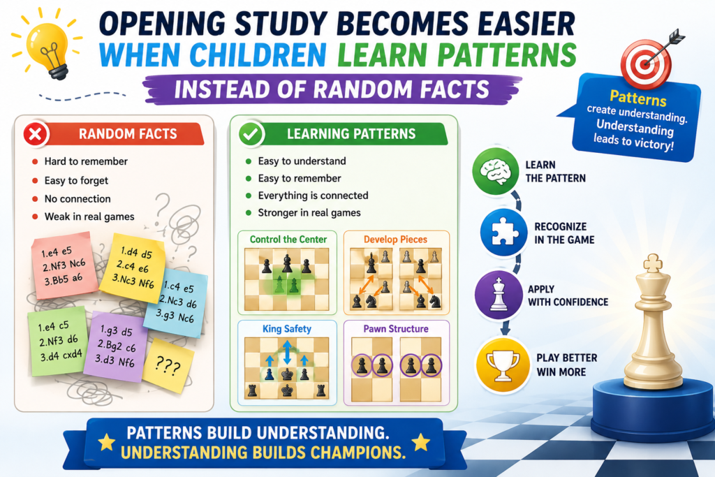 Chess has many openings, but the ideas repeat more than people think. Once a child learns the main patterns, the game becomes easier to understand. They begin to see familiar shapes, common plans, and normal piece placements.