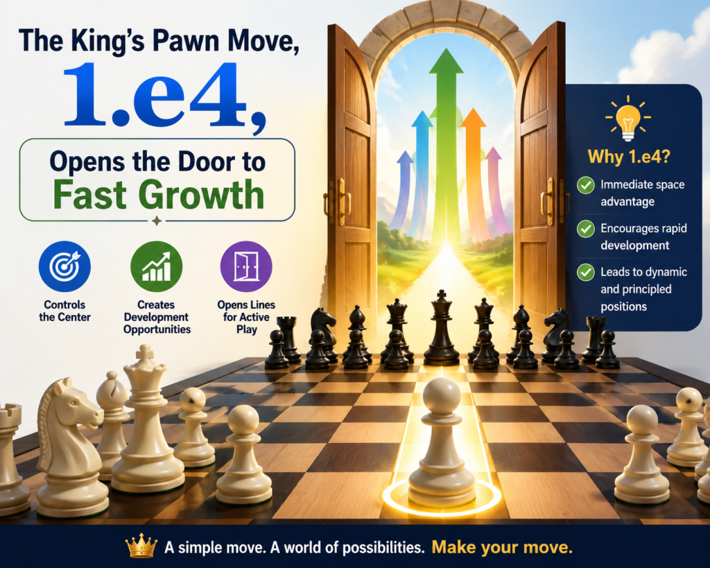 The move 1.e4 is one of the most loved opening moves in chess. It is simple, bold, and full of life. White moves the king’s pawn two squares forward and takes space in the center. This one move also opens lines for the queen and the bishop on f1. 