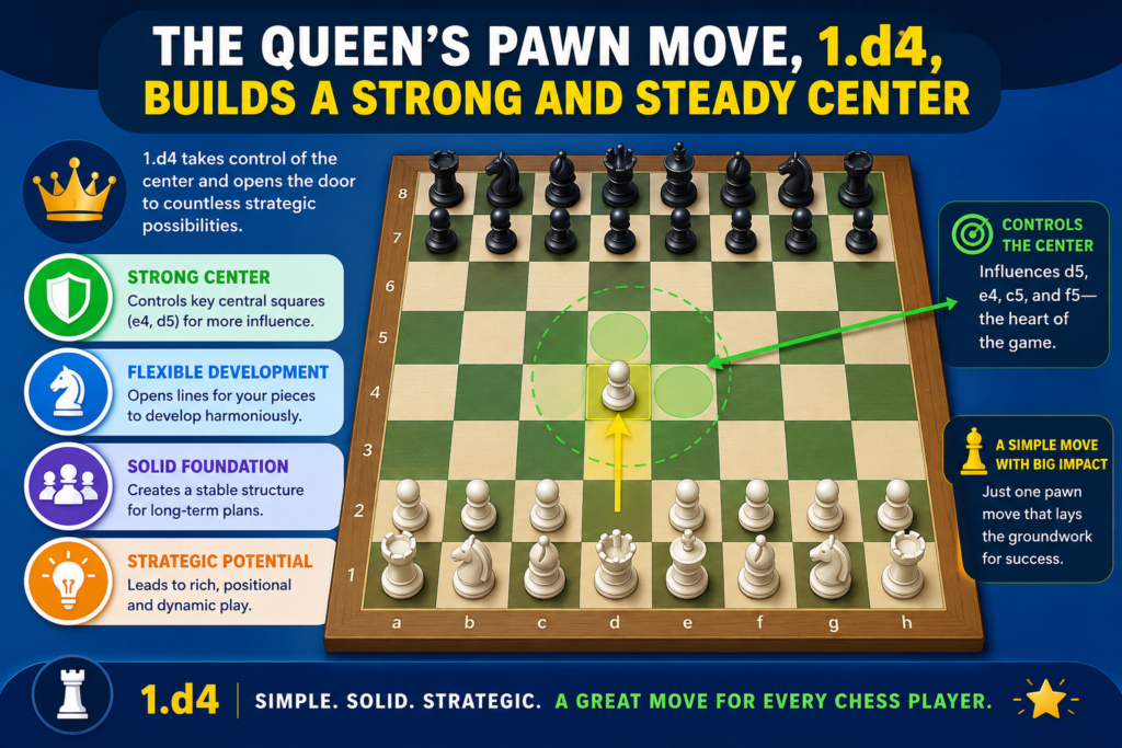 The move 1.d4 is another top opening move. It is calm, strong, and very practical. White moves the queen’s pawn two squares forward and controls the important e5 square. This move also supports future control of the center and gives White a solid base.