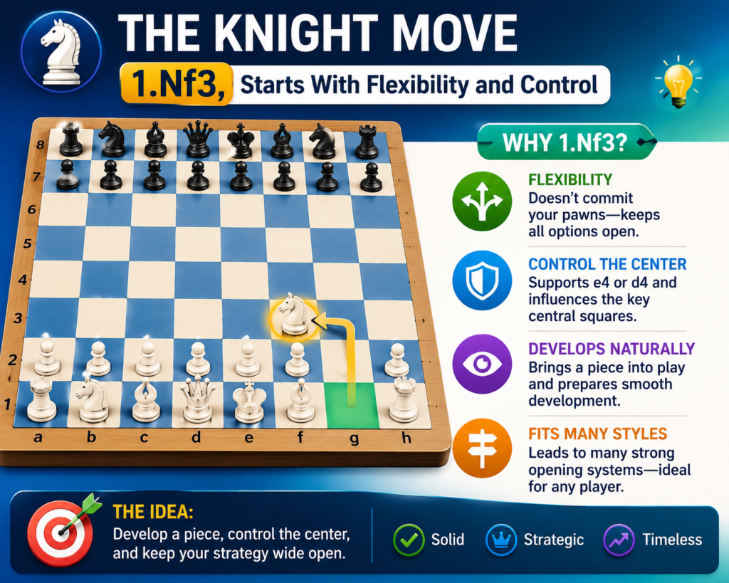 The move 1.Nf3 is quiet, smart, and very flexible. White develops a knight and controls the center without showing the full plan right away. This move attacks the important e5 square and prepares castling. It also keeps many opening choices open.