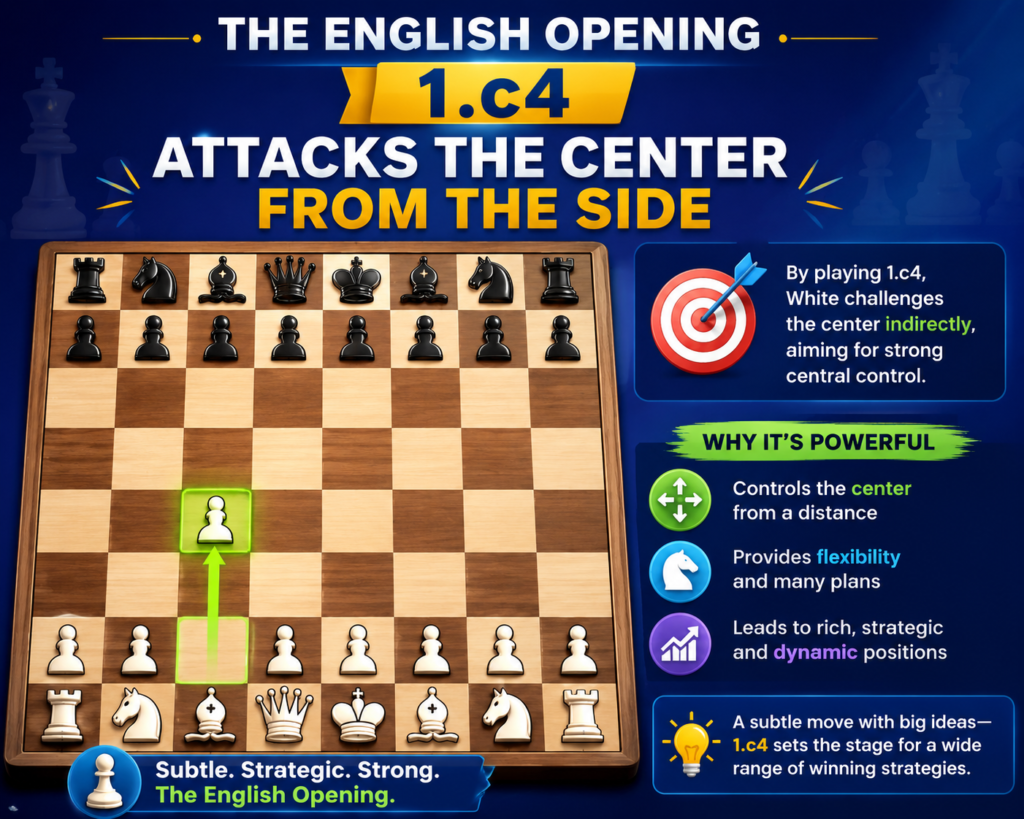 The move 1.c4 is called the English Opening. It may look less direct than 1.e4 or 1.d4, but it is very strong. White does not place a pawn in the very center right away. Instead, White attacks the d5 square from the side.