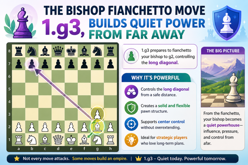 The move 1.g3 looks small, but it has a deep idea behind it. White moves the king-side pawn one square and prepares to place the bishop on g2. Once the bishop reaches g2, it controls a long diagonal across the board. 