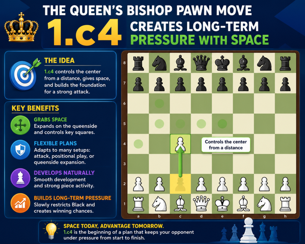 The move 1.c4 was already introduced as the English Opening, but it deserves deeper attention because it is one of the most strategic first moves in chess. Many players choose it when they want a game full of plans, not quick traps. White attacks the d5 square and keeps many choices open.