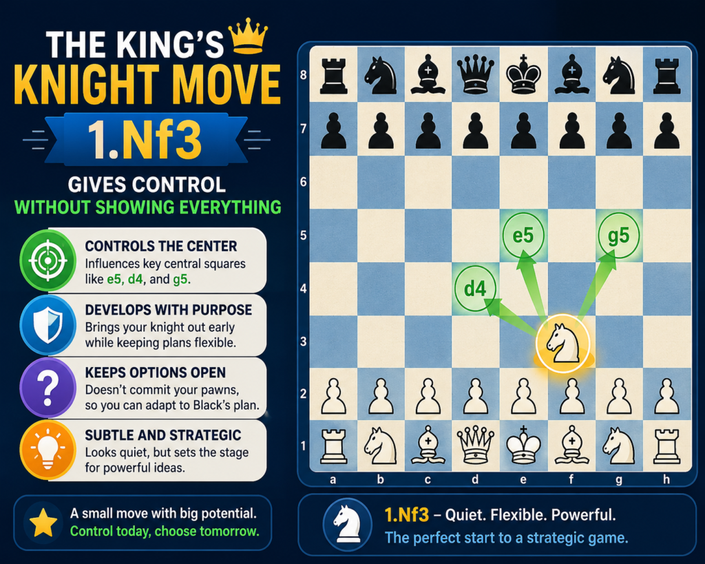 The move 1.Nf3 is one of the best first moves because it develops a piece, controls the center, and keeps White’s plan hidden. The knight moves toward the center and attacks the e5 square. 
