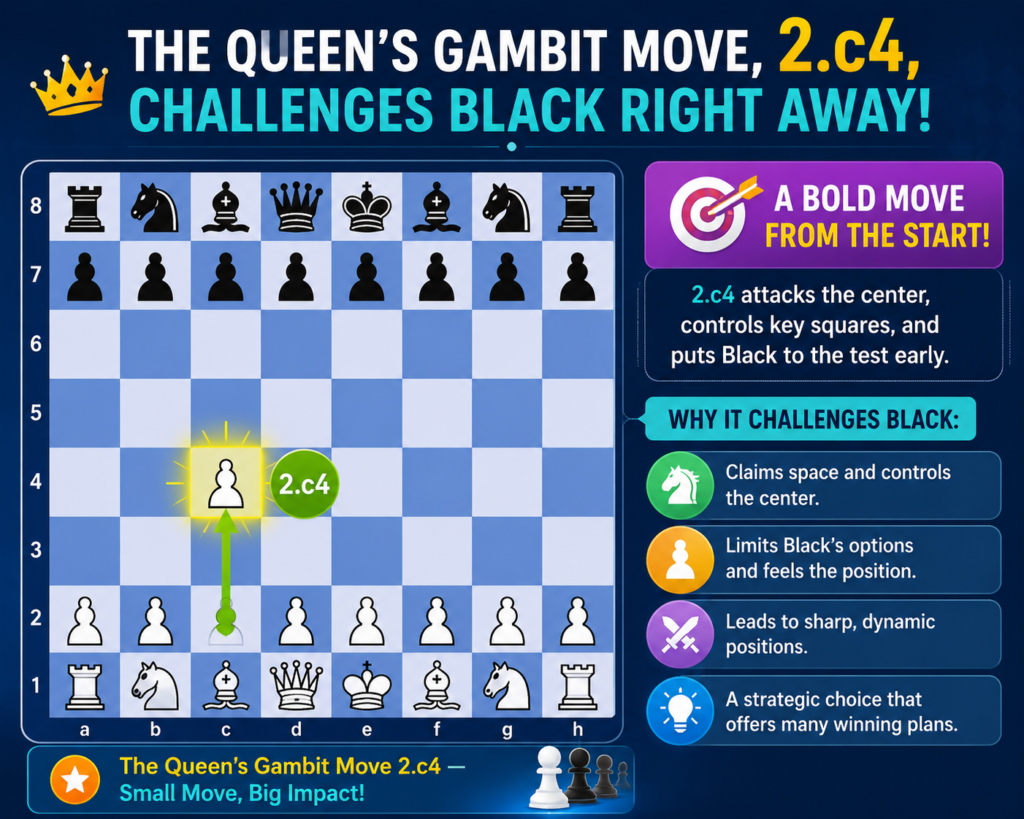 The Queen’s Gambit starts after White plays 1.d4 and Black answers with 1...d5. Then White plays 2.c4. This move is one of the most famous opening ideas in chess. It looks like White is giving away a pawn, but the real idea is much deeper. 