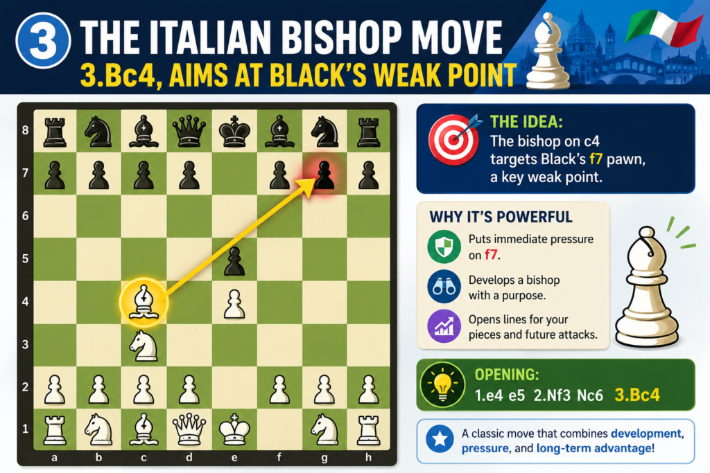 The Italian Game begins after 1.e4 e5 2.Nf3 Nc6 3.Bc4. This bishop move is one of the best opening moves for young players because it develops a piece and aims at a key square near Black’s king. The bishop on c4 points toward f7, which is often a weak square early in the game.