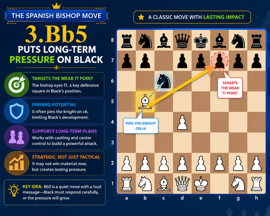 The Spanish Opening, also called the Ruy Lopez, begins after 1.e4 e5 2.Nf3 Nc6 3.Bb5. This is one of the most respected openings in chess. White moves the bishop to b5 and puts pressure on the knight on c6. That knight helps protect Black’s pawn on e5, so White is quietly asking a big question about Black’s center.