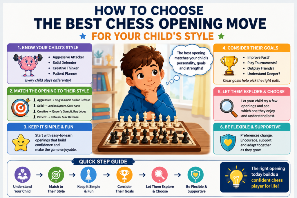 Now that we have looked at the top opening moves, the next big question is simple. Which one should your child play? The answer is not the same for every student. Some kids love fast attacks. Some enjoy calm plans. Some want simple setups they can trust. Some like deep positions where they can slowly build pressure.