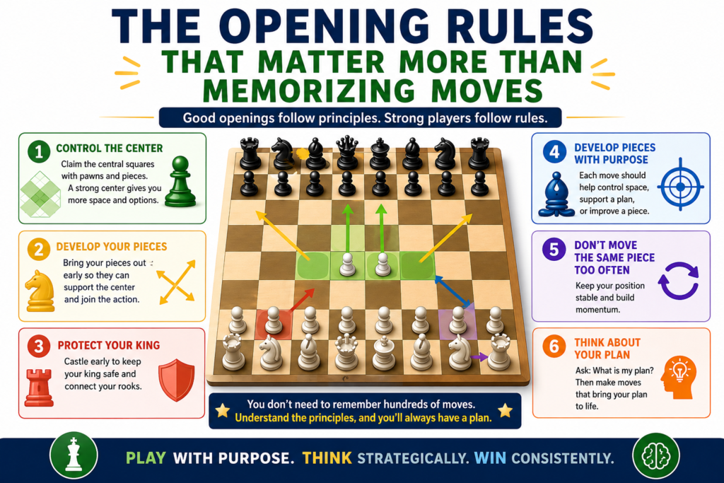 Many students think they need to memorize hundreds of opening moves to become good at chess. That is not true, especially in the early stage. Memory can help, but understanding helps much more. 