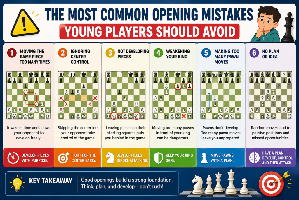 Every chess student makes opening mistakes. That is part of learning. The key is not to feel bad about mistakes. The key is to understand them and fix them. Once a child learns the common traps, their games often improve very quickly.