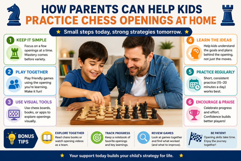 Parents do not need to be chess experts to help a child get better at openings. In fact, the best support is often very simple. A parent can help by creating a calm practice space, asking good questions, and making chess feel fun instead of stressful.