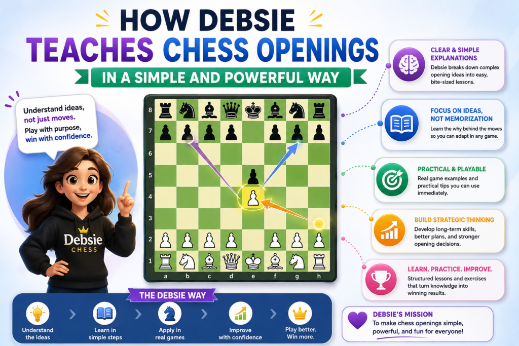 At Debsie, chess openings are not taught as a pile of moves to memorize. They are taught as living ideas. Students learn what each move does, why it matters, and how it connects to the next part of the game.