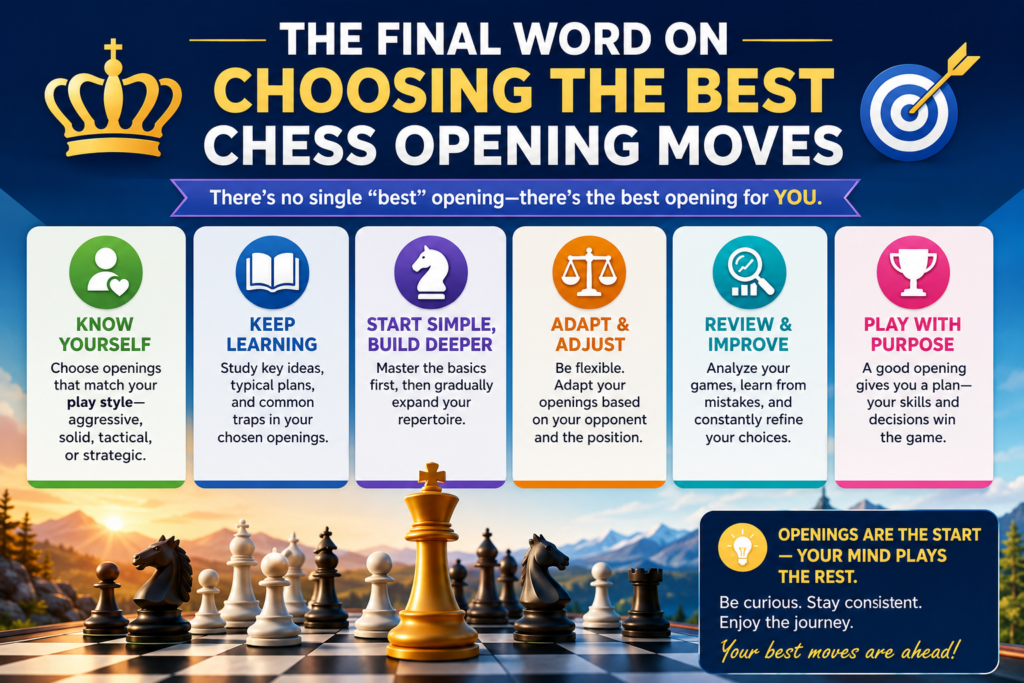 The best chess opening moves are not magic tricks. They are strong first steps. Moves like 1.e4, 1.d4, 1.Nf3, 1.c4, and 1.g3 all teach important lessons. They help players control the center, develop pieces, protect the king, and create plans.