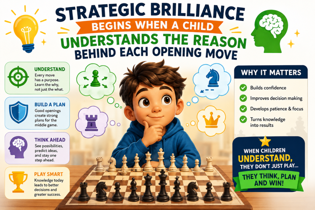 A strong chess opening is not about playing famous moves just because great players use them. It is about knowing what each move is trying to do. When a child understands the reason behind a move, chess becomes less confusing and much more exciting.