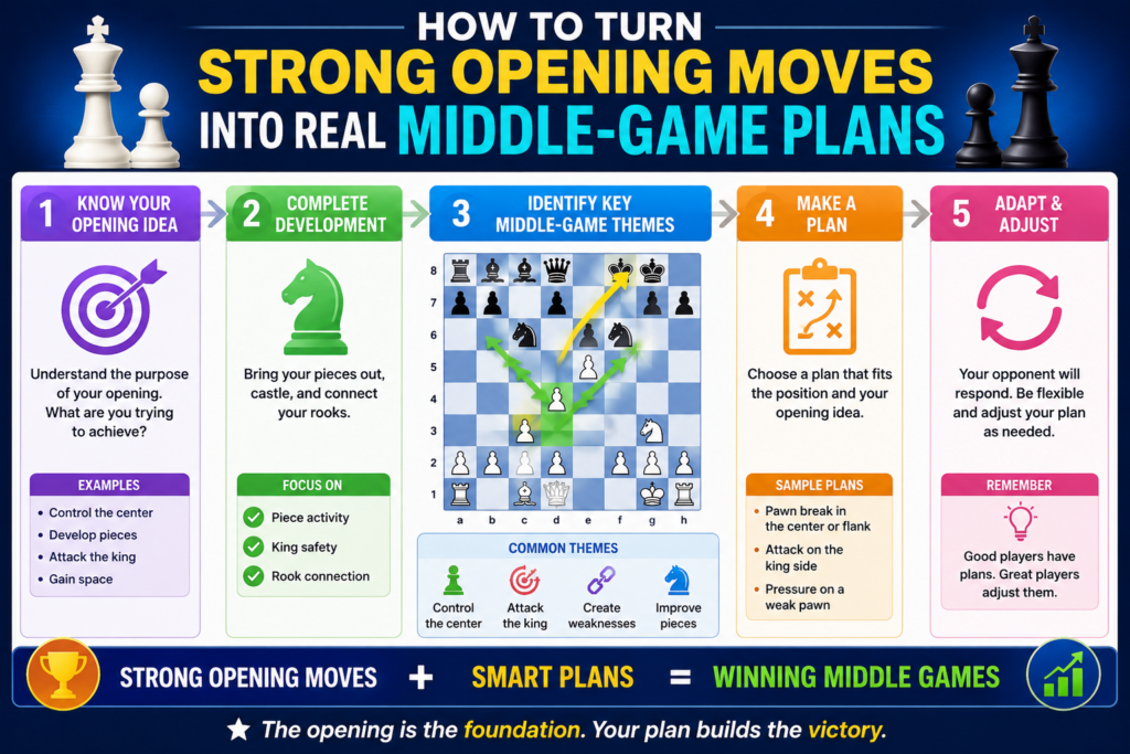 A good opening should not leave a child asking, “What do I do now?” after the first few moves. It should guide them into the middle game with a clear plan. This is where many young players struggle. They may know the first five moves, but once the opening ends, they feel stuck.