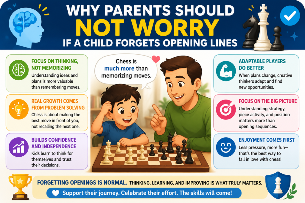 It is normal for children to forget opening moves. Even strong players sometimes mix up lines. Forgetting is not the problem. The real problem is when a child has no idea what the opening was trying to do.