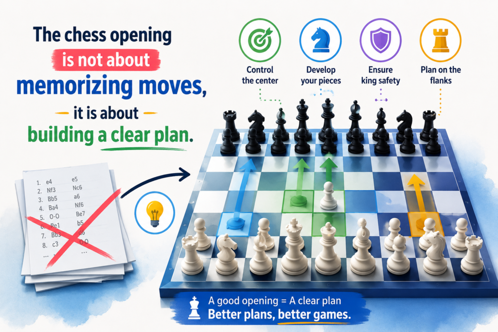 A lot of new chess players think an opening means learning ten or twenty moves by heart. That can feel smart at first, but it often breaks down fast. The other player makes one move you did not expect, and suddenly the whole plan is gone.