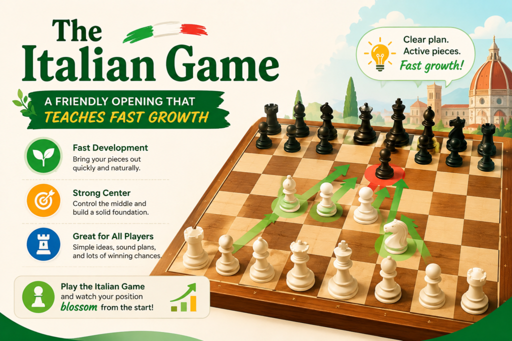 The Italian Game is one of the oldest and most loved chess openings. It starts with 1. e4 e5 2. Nf3 Nc6 3. Bc4. The moves are simple, natural, and easy to understand. White puts a pawn in the center, brings out a knight, and places the bishop on a strong diagonal toward Black’s weak f7 square.