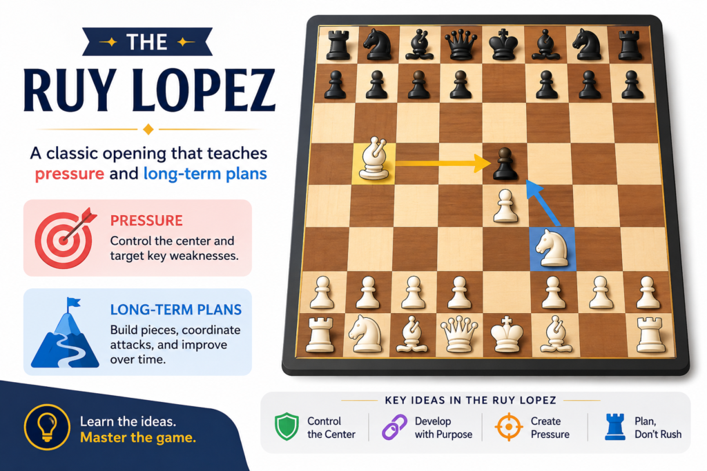 The Ruy Lopez begins with 1. e4 e5 2. Nf3 Nc6 3. Bb5. At first, it looks a lot like the Italian Game. White starts with e4, develops the knight, and brings out the bishop. But instead of placing the bishop on c4, White moves it to b5 and attacks the knight on c6.