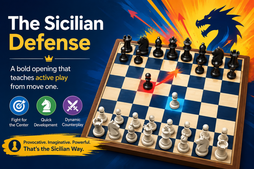 The Sicilian Defense starts after 1. e4 c5. Black does not copy White with 1...e5. Instead, Black attacks the center from the side. This one move creates a very rich and fighting game. It is one of the most popular openings in chess because it gives Black real chances to win, not just defend.