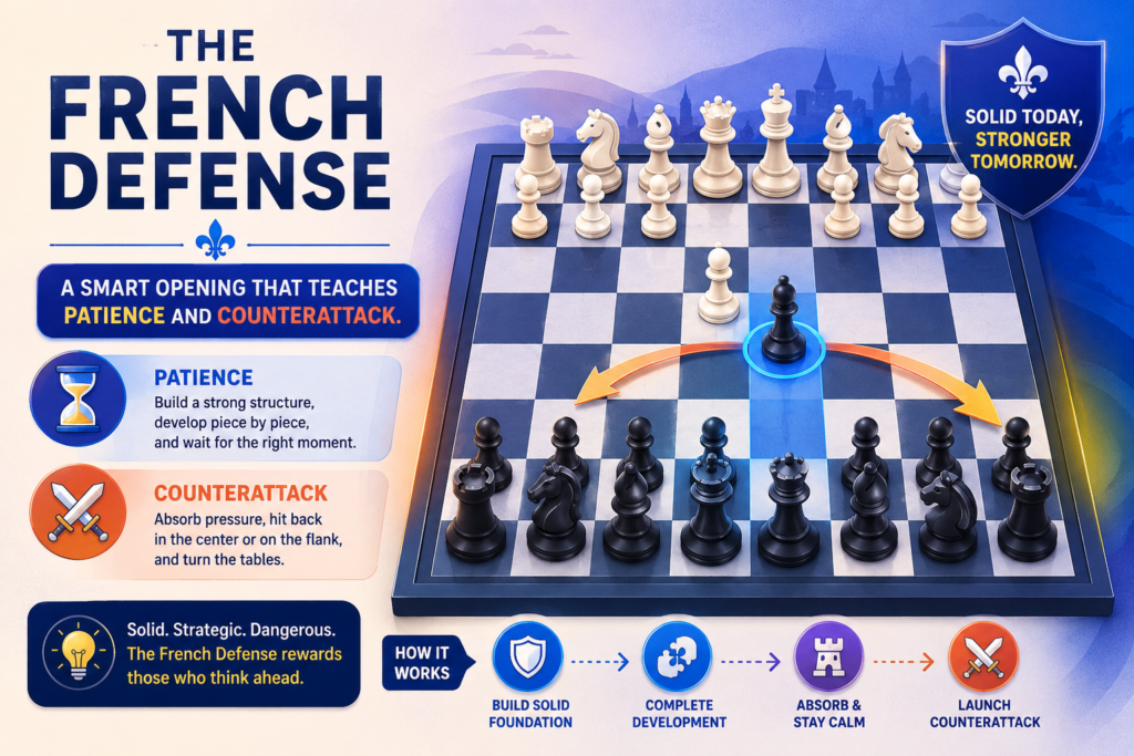 The French Defense starts after 1. e4 e6. At first, it may look quiet. Black does not place a pawn on e5 right away. Instead, Black prepares to play d5 and challenge White’s center. This opening is solid, clever, and full of hidden power.