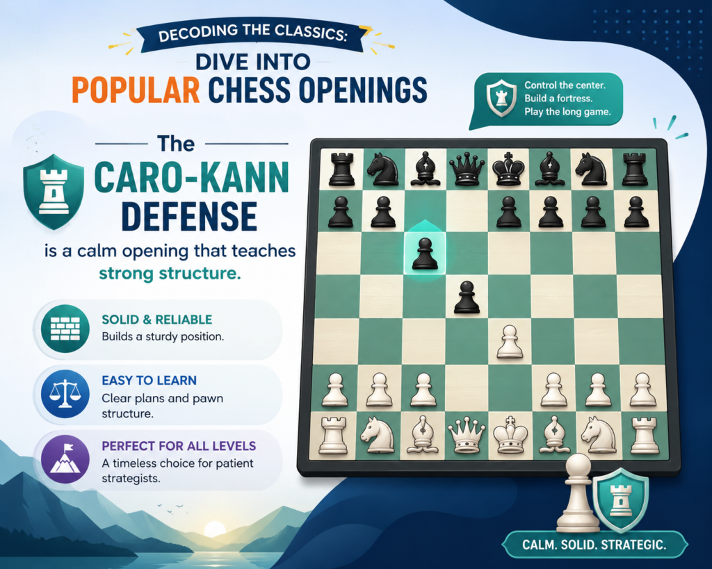 The Caro-Kann Defense starts after 1. e4 c6. Black prepares to play d5 and challenge the center, much like the French Defense. But there is one big difference. In the Caro-Kann, Black’s light-square bishop is not trapped behind the e6 pawn. This often gives Black a more comfortable setup.