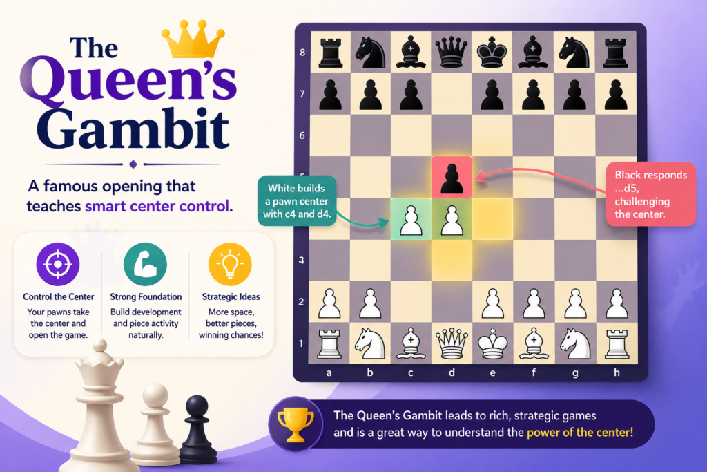 The Queen’s Gambit starts after 1. d4 d5 2. c4. This opening is one of the most respected openings in chess. It has been played by world champions for many years, and it is still used at every level today. Even though the word “gambit” sounds risky, the Queen’s Gambit is not a wild trick. It is a smart offer.