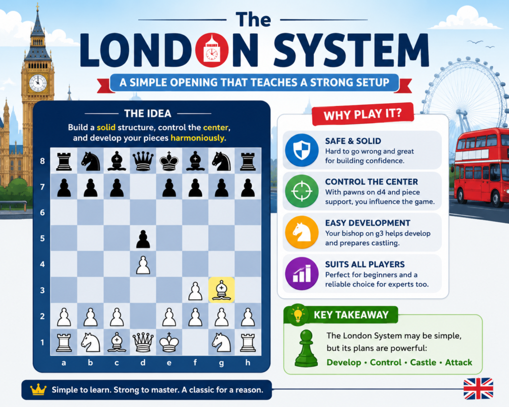 The London System usually starts with 1. d4, followed by Bf4, Nf3, e3, c3, Bd3, and castling. The move order can change, but the setup often stays the same. This is one reason many students like it. White builds a strong shape without needing to memorize too many exact lines.
