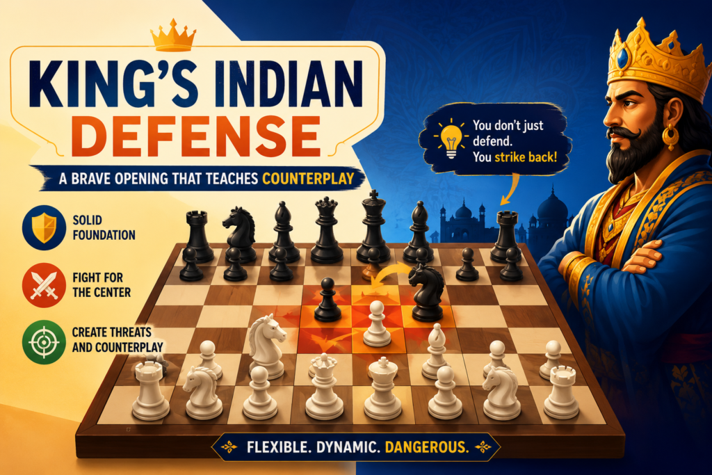 The King’s Indian Defense often starts after 1. d4 Nf6 2. c4 g6 3. Nc3 Bg7. Black allows White to build a big center, then attacks it later. This opening is bold, rich, and full of energy. It is loved by players who enjoy deep plans and fighting chess.