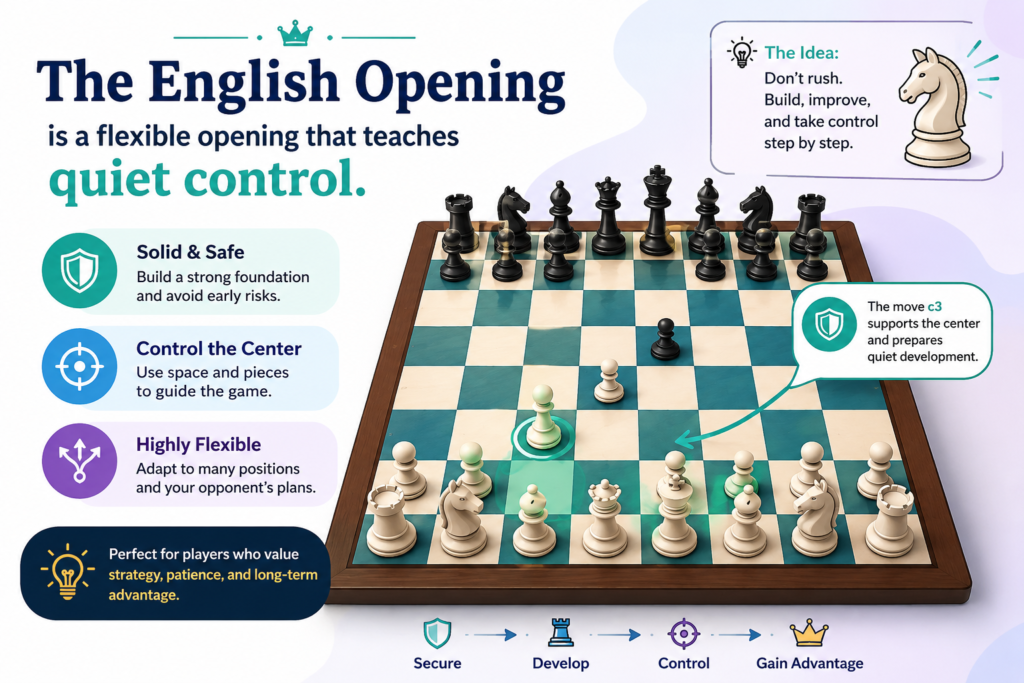 The English Opening starts with 1. c4. At first, it may not look as direct as 1. e4 or 1. d4. White does not place a pawn in the center right away. Instead, White attacks the d5 square from the side and keeps many choices open.
