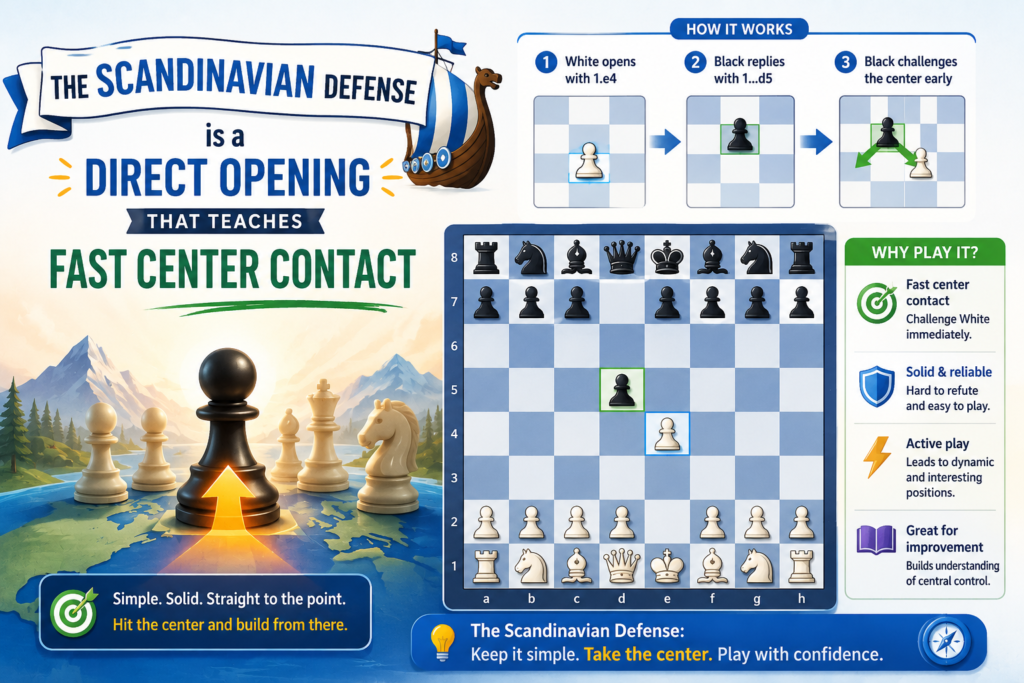 The Scandinavian Defense starts with 1. e4 d5. Black attacks White’s center pawn right away. This is one of the most direct replies to 1. e4. There is no waiting. Black challenges the center from move one and asks White to make a choice.