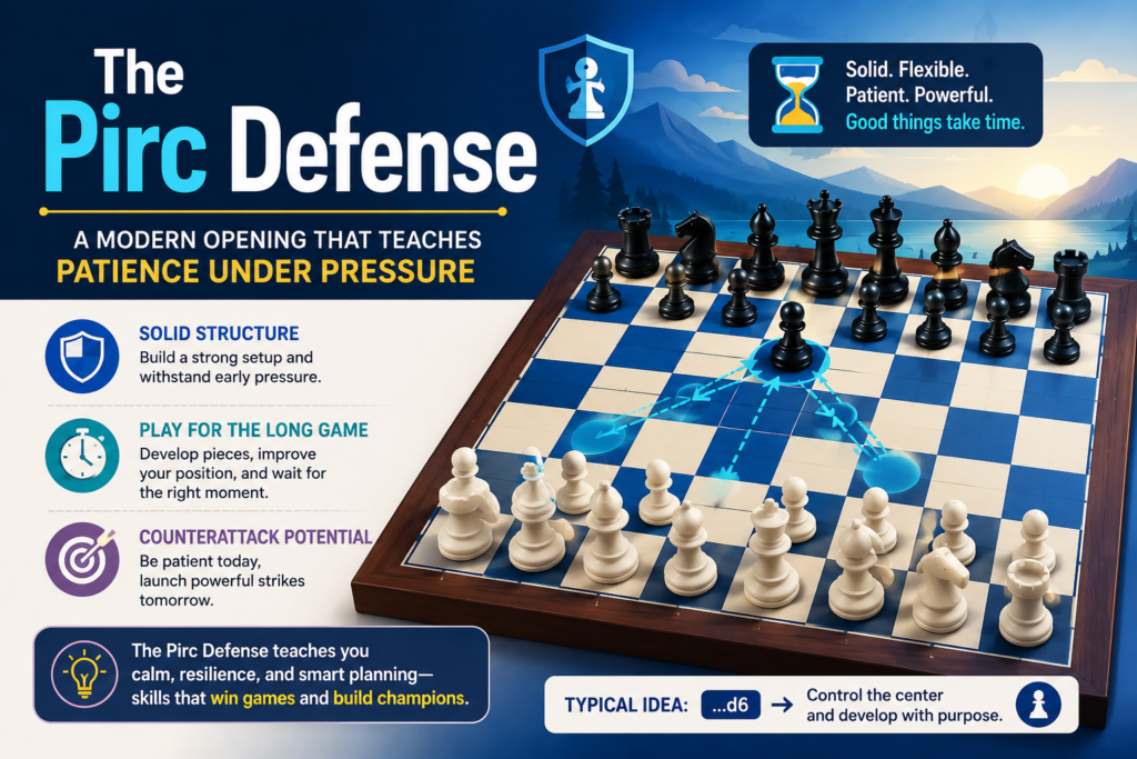 The Pirc Defense starts after 1. e4 d6 2. d4 Nf6 3. Nc3 g6. Black does not fight for the center with pawns right away. Instead, Black lets White build a strong center and plans to attack it later with pieces and pawn breaks.