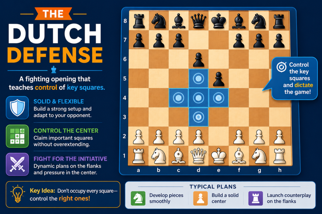 The Dutch Defense starts after 1. d4 f5. Black immediately takes space on the kingside and controls the e4 square. This opening is bold and a little unusual. It tells White from the first move that Black wants an active fight.