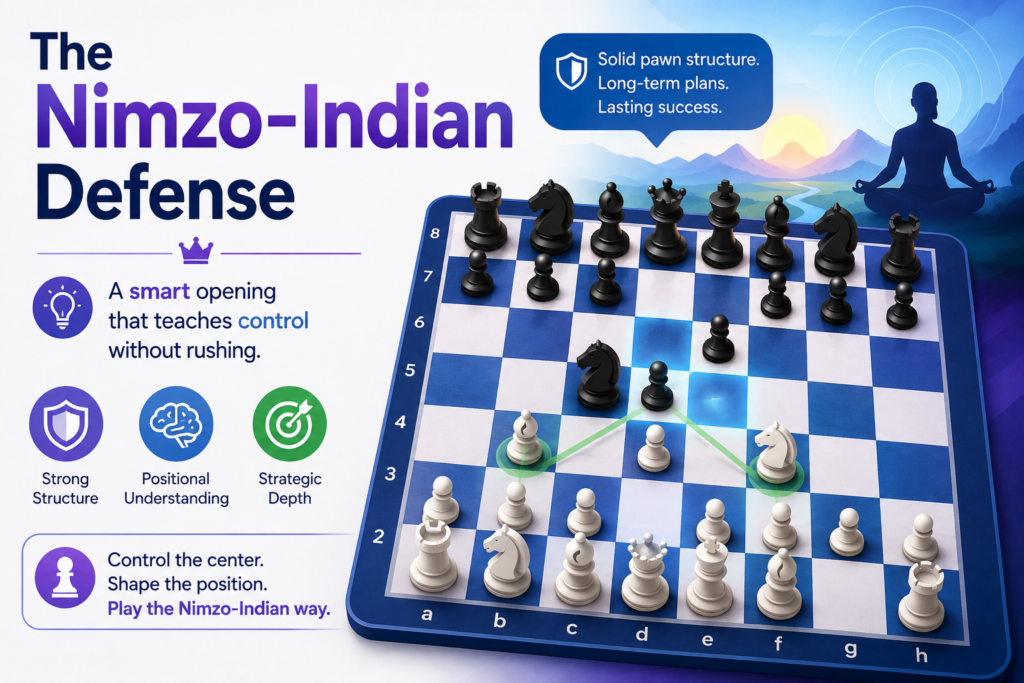 The Nimzo-Indian Defense starts after 1. d4 Nf6 2. c4 e6 3. Nc3 Bb4. Black develops fast and pins White’s knight on c3. This opening is one of the most trusted answers to 1. d4 because it is active, solid, and full of clear ideas.