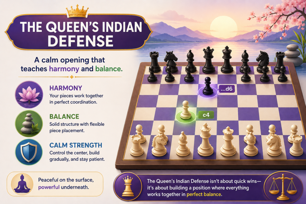 The Queen’s Indian Defense often begins after 1. d4 Nf6 2. c4 e6 3. Nf3 b6. Black prepares to place the bishop on b7, where it watches the long diagonal and helps fight for the center. This opening is calm, flexible, and very respected.