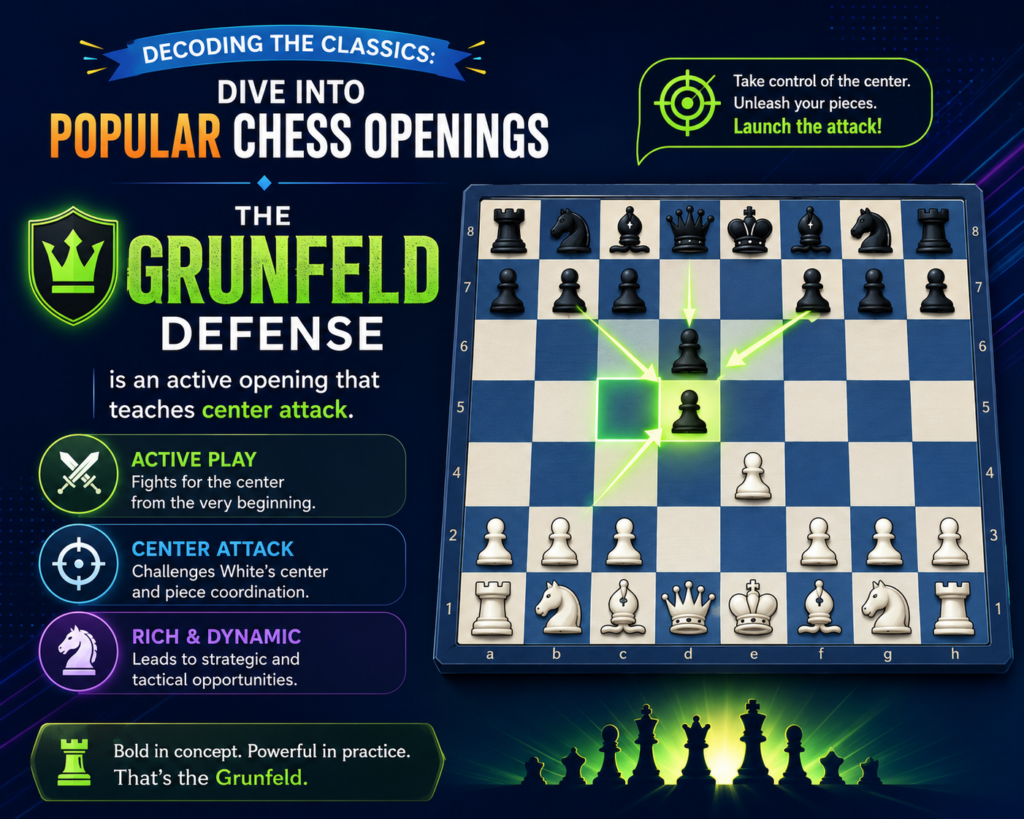 The Grunfeld Defense starts after 1. d4 Nf6 2. c4 g6 3. Nc3 d5. Black allows White to build a strong pawn center, but then attacks it with pieces and pawn pressure. This opening is sharp, active, and full of energy.